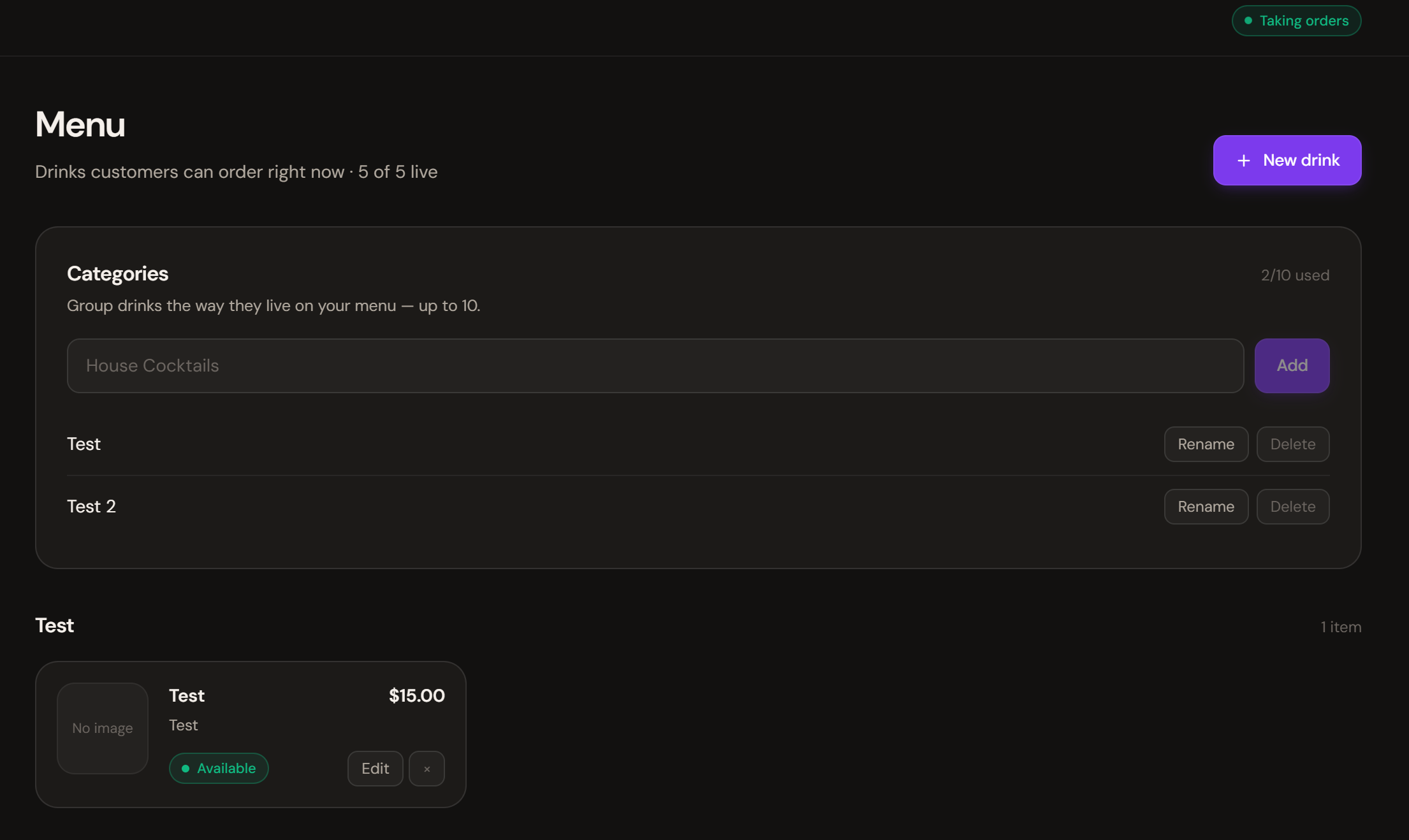 Untabbed bartender dashboard — Menu management with categories and live drink list