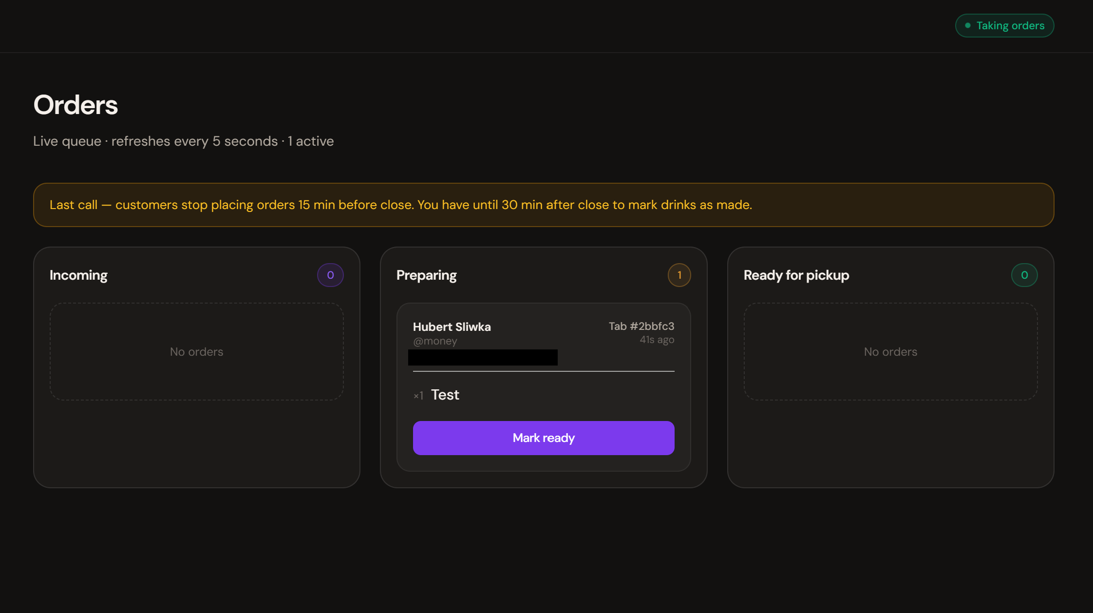 Untabbed bartender dashboard — Order in Preparing column with Mark ready button