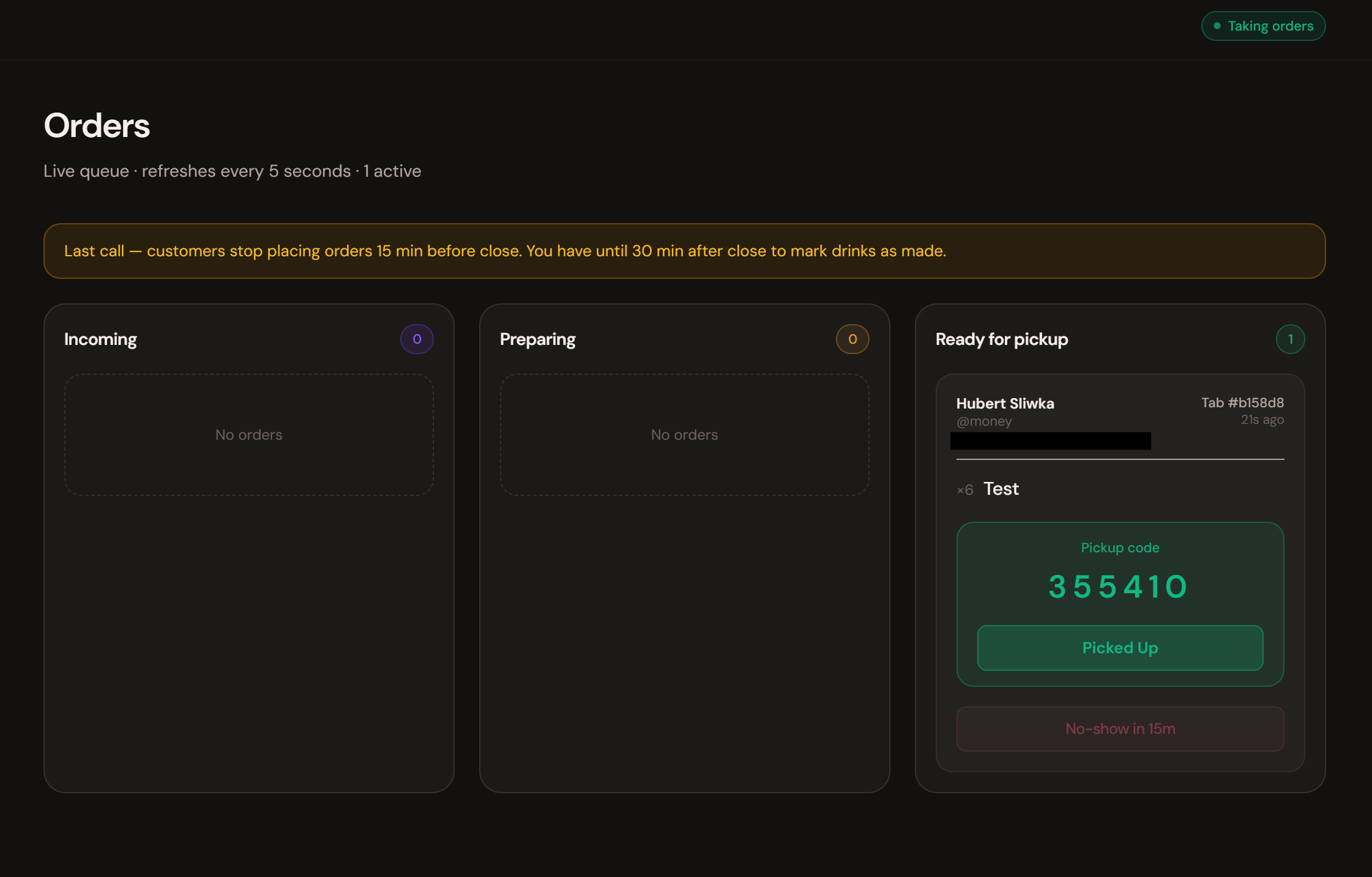 Untabbed bartender dashboard — Ready for pickup column with 6-digit pickup code