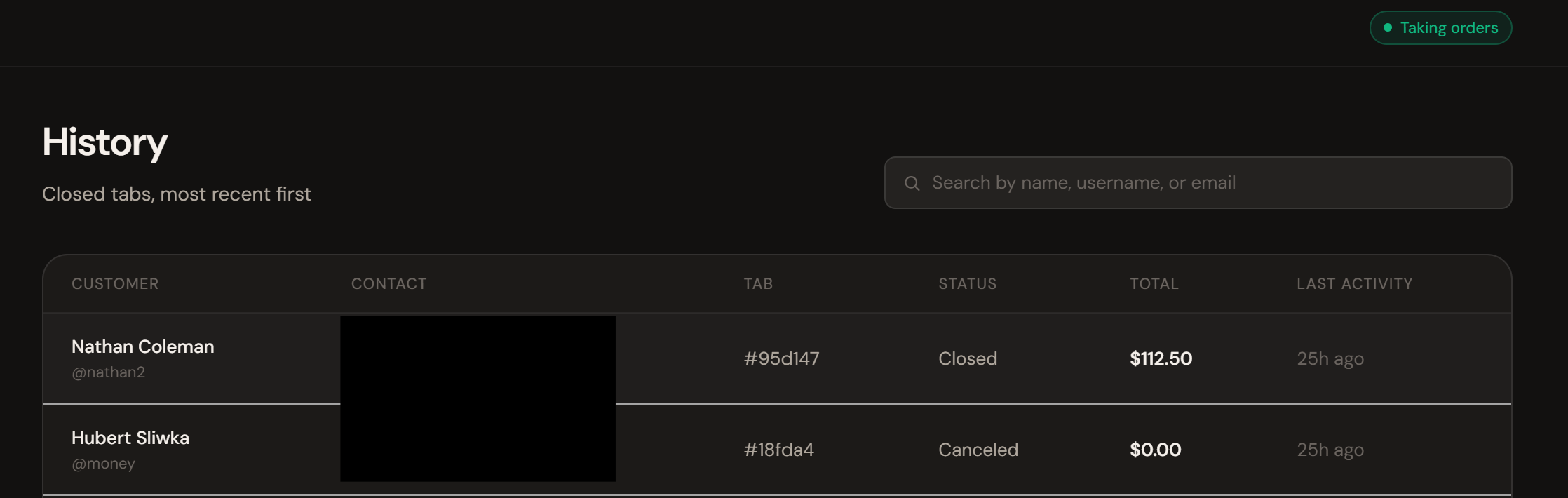Untabbed bartender dashboard — History of closed tabs with customer details