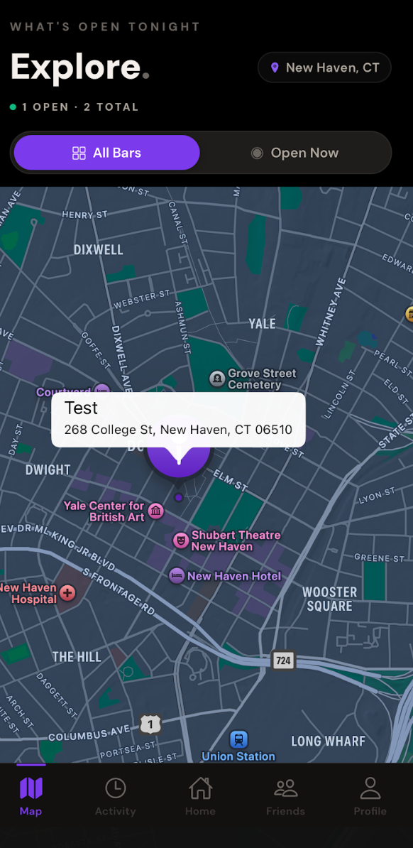 Untabbed app — Map view showing nearby Untabbed-enabled bars in New Haven