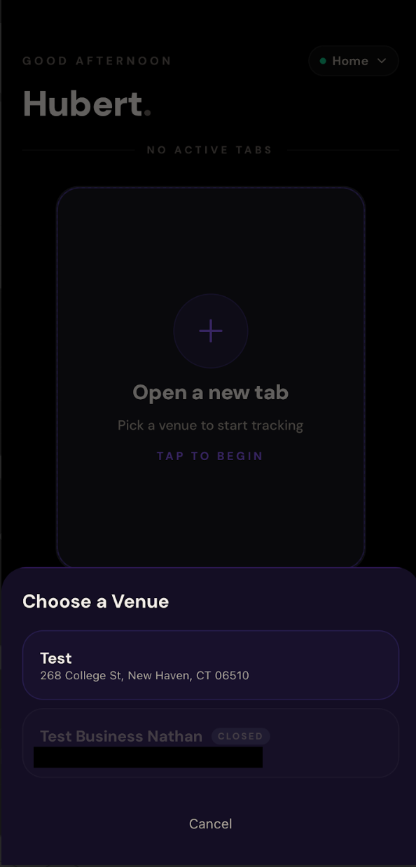 Untabbed app — Choose a Venue sheet listing nearby bars to open a tab at