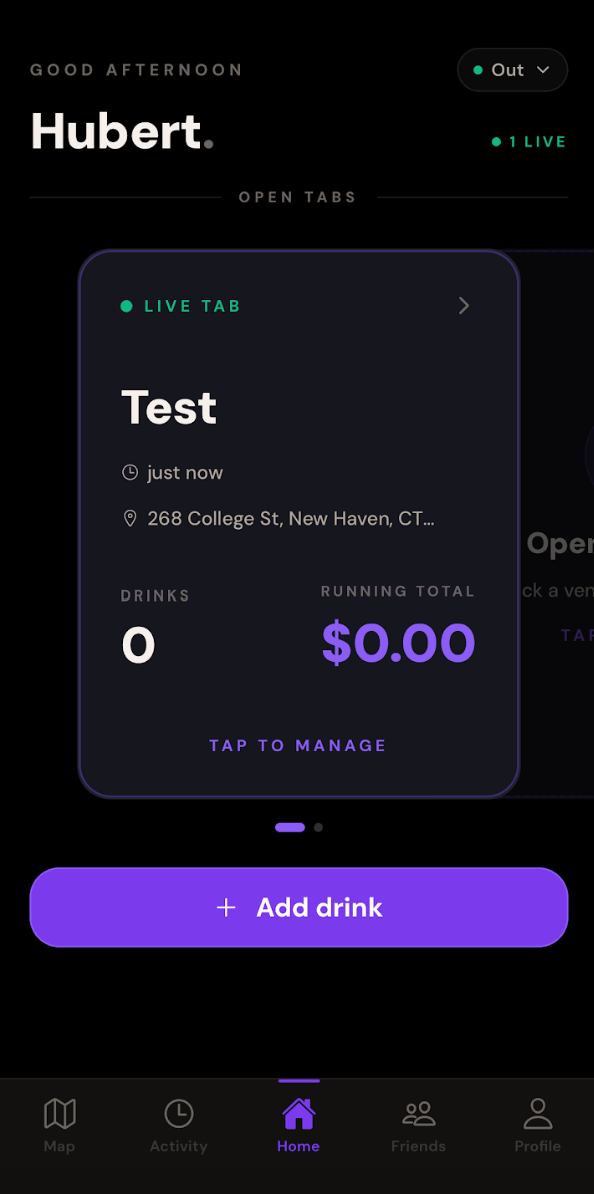 Untabbed app — Home screen showing a live tab card with running total