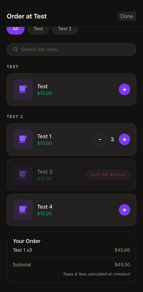Untabbed app — Order screen with menu categories, cart, and live subtotal