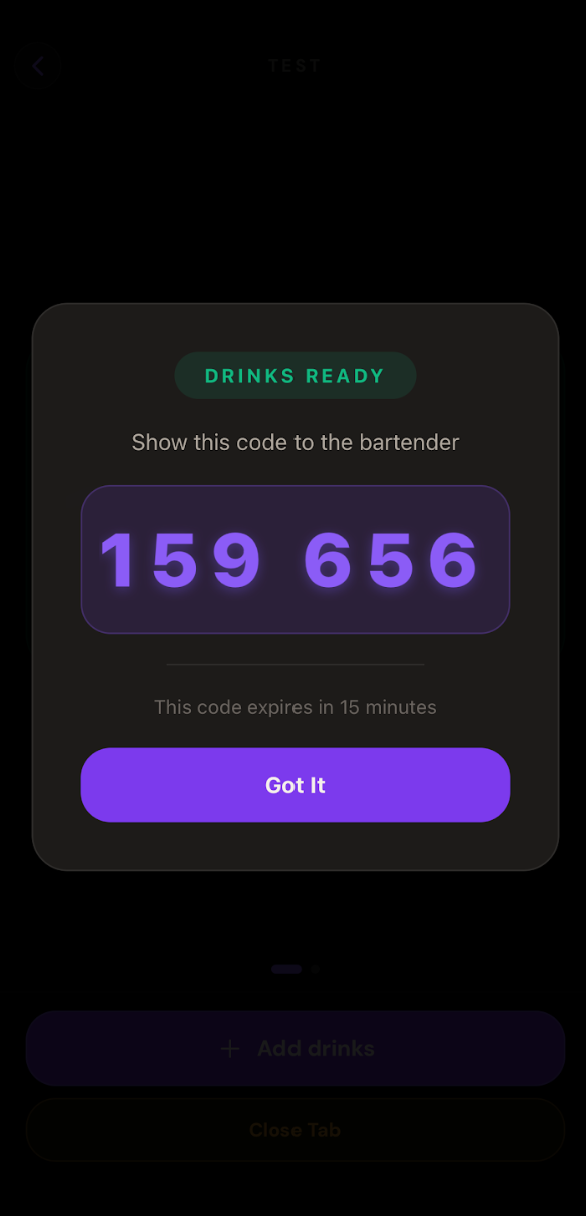 Untabbed app — Drinks ready notification with a six-digit pickup code