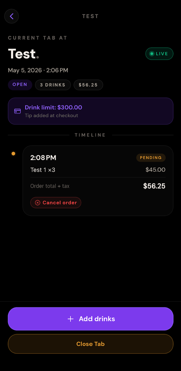 Untabbed app — Active tab detail with timeline, drink limit, and Close Tab action
