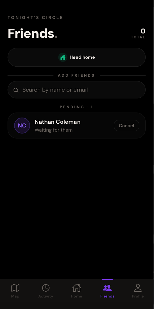 Untabbed app — Friends screen with Head home button and pending friend request