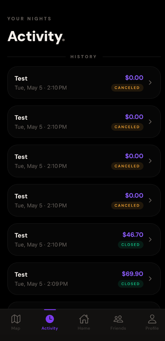 Untabbed app — Activity history listing past tabs with totals and statuses